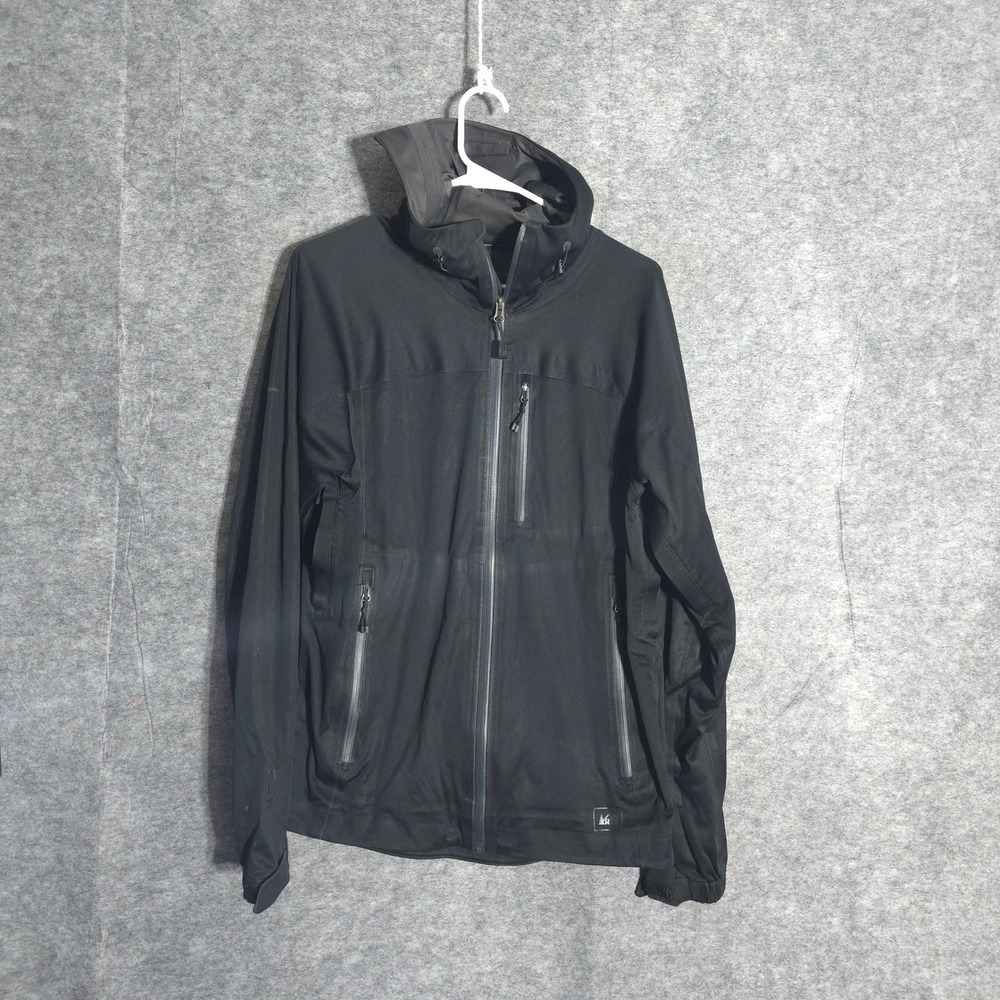 REI Softshell Jacket Mens Medium Black Hooded Full Zip 868373 Technical Outdoor